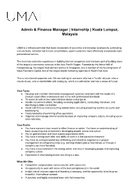 Admin & Finance Manager | Internship | Kuala Lumpur, Malaysia