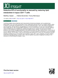 Defective BTLA Functionality Is Rescued by Restoring Lipid Metabolism in Lupus CD4+ T Cells