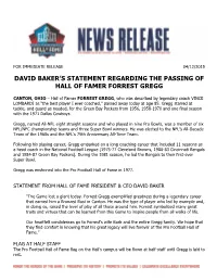 David Baker's Statement Regarding the Passing Of