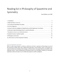 Reading List in Philosophy of Spacetime and Symmetry David Wallace, June 2018