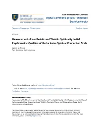 Measurement of Nontheistic and Theistic Spirituality: Initial Psychometric Qualities of the Inclusive Spiritual Connection Scale