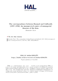 The Correspondence Between Baumol and Galbraith (1957–1958) an Unsuspected Source of Managerial Theories of the Firm