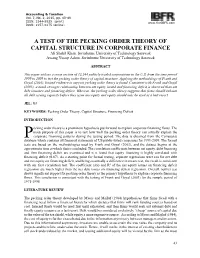 A Test of the Pecking Order Theory of Capital Structure in Corporate Finance