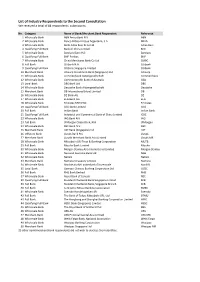 List of Industry Respondents to the Second Consultation We Received a Total of 88 Respondents' Submissions