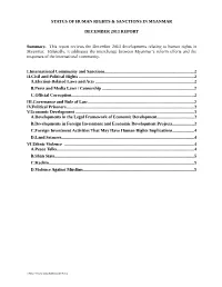 STATUS of HUMAN RIGHTS & SANCTIONS in MYANMAR DECEMBER 2013 REPORT Summary. This Report Reviews the December 2013 Developme