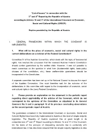 “List of Issues” in Connection with the 3Rd and 4Th Report by the Republic