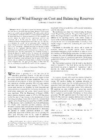 Impact of Wind Energy on Cost and Balancing Reserves A