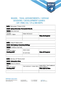 Nswrl - Trial Appointments / Oppose Sessions / Development Games –Isp /Rmc/Ss / Jf & Jnr Reps