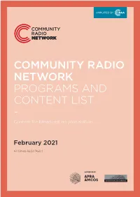 COMMUNITY RADIO NETWORK PROGRAMS and CONTENT LIST - Content for Broadcast on Your Station