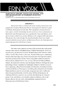 Marlovian Theory, Venus and Adonis, and the Shakespeare Authorship Question English 317: Introduction to British Literature with Michael Mccloud