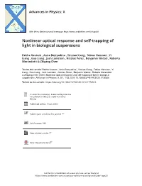 Nonlinear Optical Response and Self-Trapping of Light in Biological Suspensions