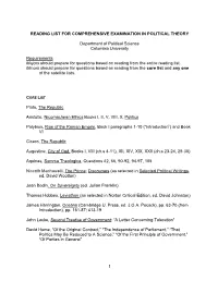 Reading List for Comprehensive Examination in Political Theory