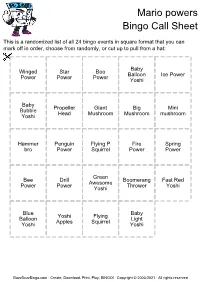 Mario Powers Bingo Call Sheet