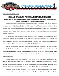 2011 All-Star Game Pitchers, Reserves Announced