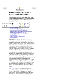 Apple Computer, Inc. Agrees to Acquire Next Software Inc