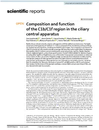 Composition and Function of the C1b/C1f Region in the Ciliary Central