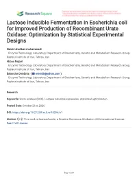 Lactose Inducible Fermentation in Escherichia Coli for Improved Production of Recombinant Urate Oxidase: Optimization by Statistical Experimental Designs