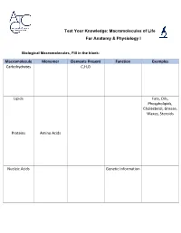 Macromolecules of Life Worksheet