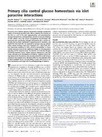 Primary Cilia Control Glucose Homeostasis Via Islet Paracrine Interactions