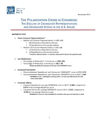 The Polarization Crisis in Congress: the Decline of Crossover Representatives and Crossover Voting in the U.S