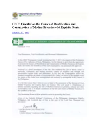 CBCP Circular on the Causes of Beatification and Canonization of Mother Francisca Del Espiritu Santo