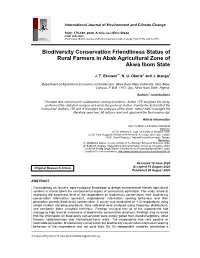Biodiversity Conservation Friendliness Status of Rural Farmers in Abak Agricultural Zone of Akwa Ibom State
