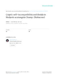 Cryptic Self-Incompatibility and Distyly in Hedyotis Acutangula Champ