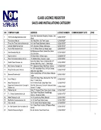 Class Licence Register Sales and Installations Category