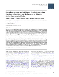 Reproductive Costs for Hybridizing Female Anasa Tristis (Hemiptera: Coreidae), but No Evidence of Selection Against Interspecific Mating
