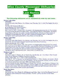 Wise County Messenger Obituaries 2000 Last Names R-Z the Following Obituaries Are in Alphabetical Order by Last Name