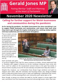 November 2020 Newsletter Calling for Further Support for Welsh Businesses and Communities During the Pandemic
