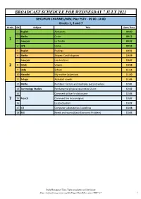 Broadcast Schedule for Wednesday 7 July 2021