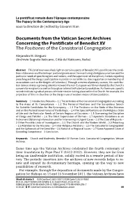 Documents from the Vatican Secret Archives Concerning the Pontificate of Benedict XV the Positiones of the Consistorial Congregation