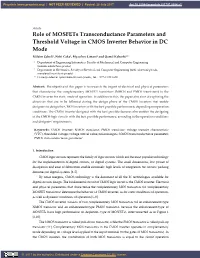 Role of Mosfets Transconductance Parameters and Threshold Voltage in CMOS Inverter Behavior in DC Mode