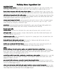 Holiday Menu Ingredient List