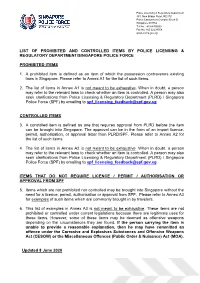 List of Prohibited and Controlled Items by Police Licensing & Regulatory Department/Singapore Police Force
