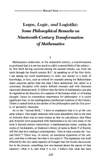 Logos, Logic, and Logistike: Some Philosophical Remarks on Nineteenth-Century Transformation of Mathematics
