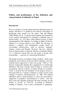 Politics and Problematics of the Definition and Categorization of Ethnicity in Nepal