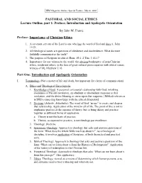 PASTORAL and SOCIAL ETHICS Lecture Outline, Part 1: Preface; Introduction and Apologetic Orientation