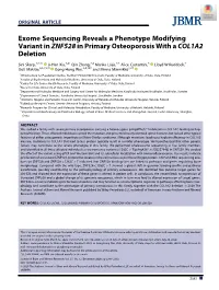 Exome Sequencing Reveals a Phenotype Modifying Variant in ZNF528 in Primary Osteoporosis with a COL1A2 Deletion