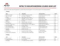 Intro to Mountaineering Course Gear List