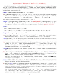Quadratic Residues (Week 3-Monday)