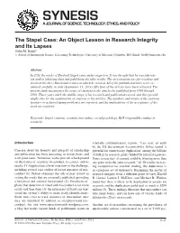 The Stapel Case: an Object Lesson in Research Integrity and Its Lapses John M