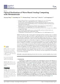 Optical Realization of Wave-Based Analog Computing with Metamaterials