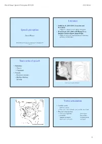 Speech Perception Literature Basic Units of Speech Vowel Articulation