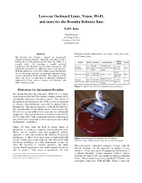 Low-Cost On-Board Linux, Vision, Wi-Fi, and More for the Roomba Robotics Base