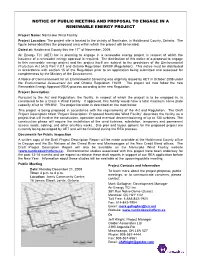 Notice of Public Meeting and Proposal to Engage in a Renewable Energy Project