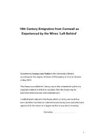 19Th Century Emigration from Cornwall As Experienced by the Wives ‘Left Behind’