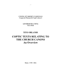 COPTIC TEXTS RELATING to the CHURCH CANONS an Overview