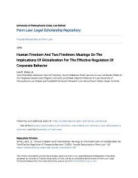 Human Freedom and Two Friedmen: Musings on the Implications of Globalization for the Effective Regulation of Corporate Behavior
